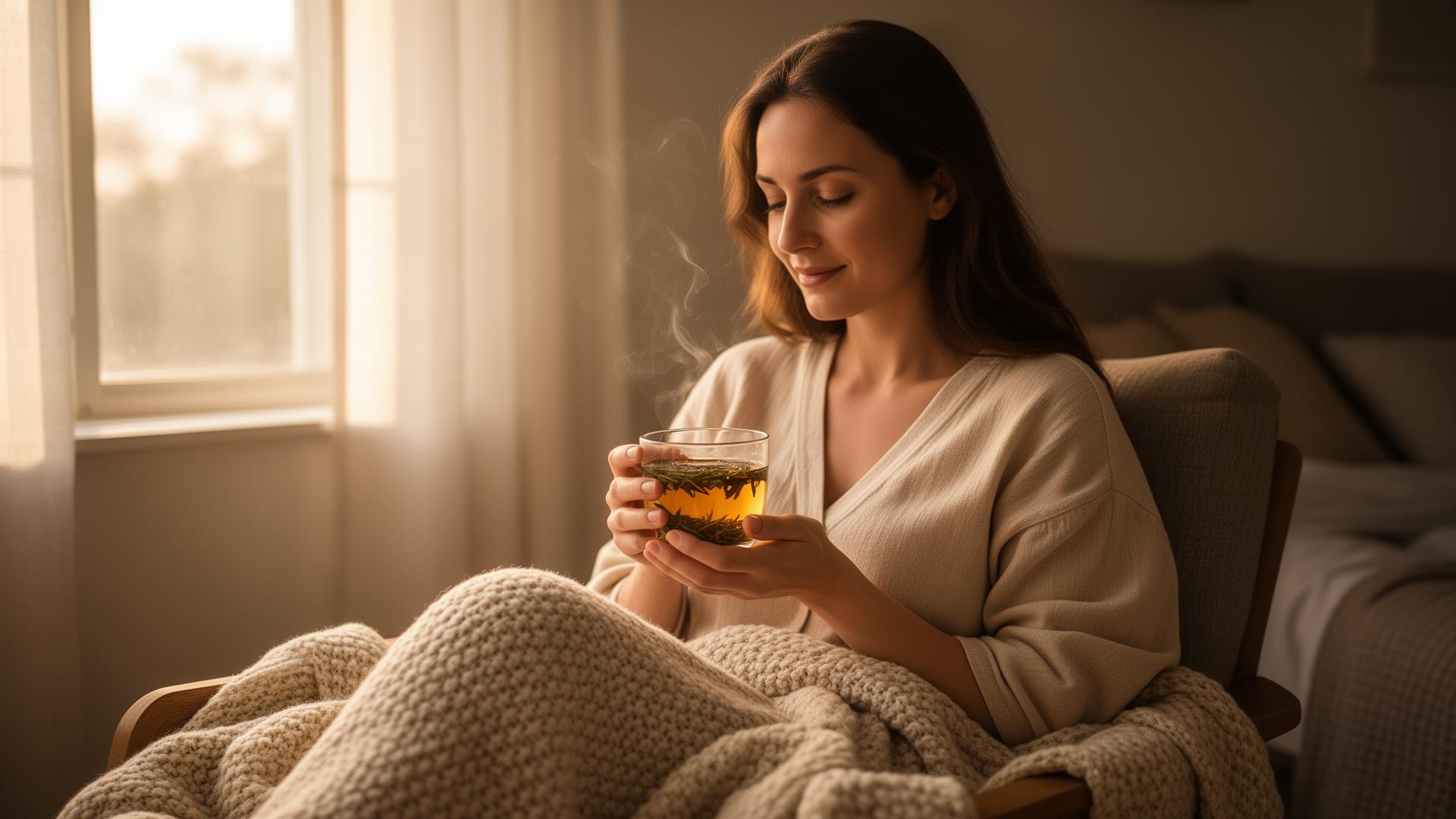 A woman resting comfortably at home with a warm cup of herbal tea, soft morning light — a gentle moment of self-care during her cycle.