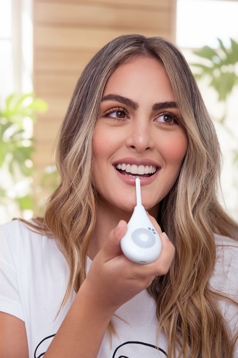 Woman measuring with Daysy fertility tracker under her tongue