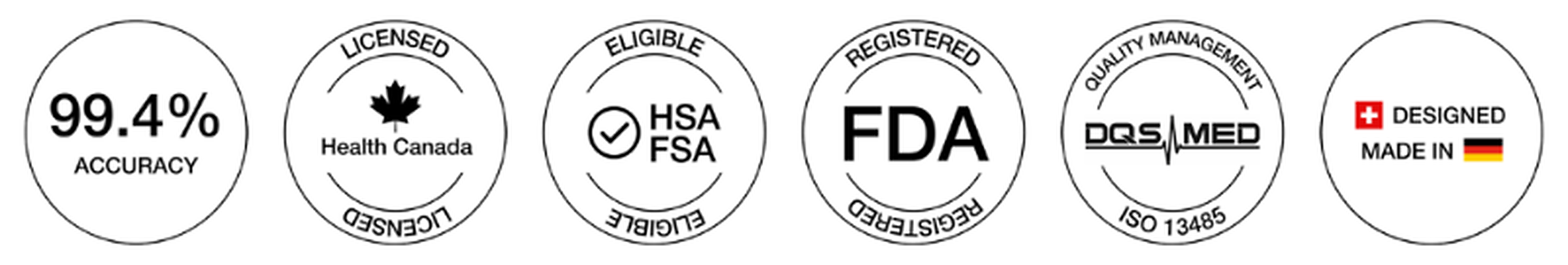 Certifications: 99.4% accuracy, Health Canada licensed, HSA/FSA eligible, FDA registered, DQS MED ISO 13485, designed in Switzerland and made in Germany